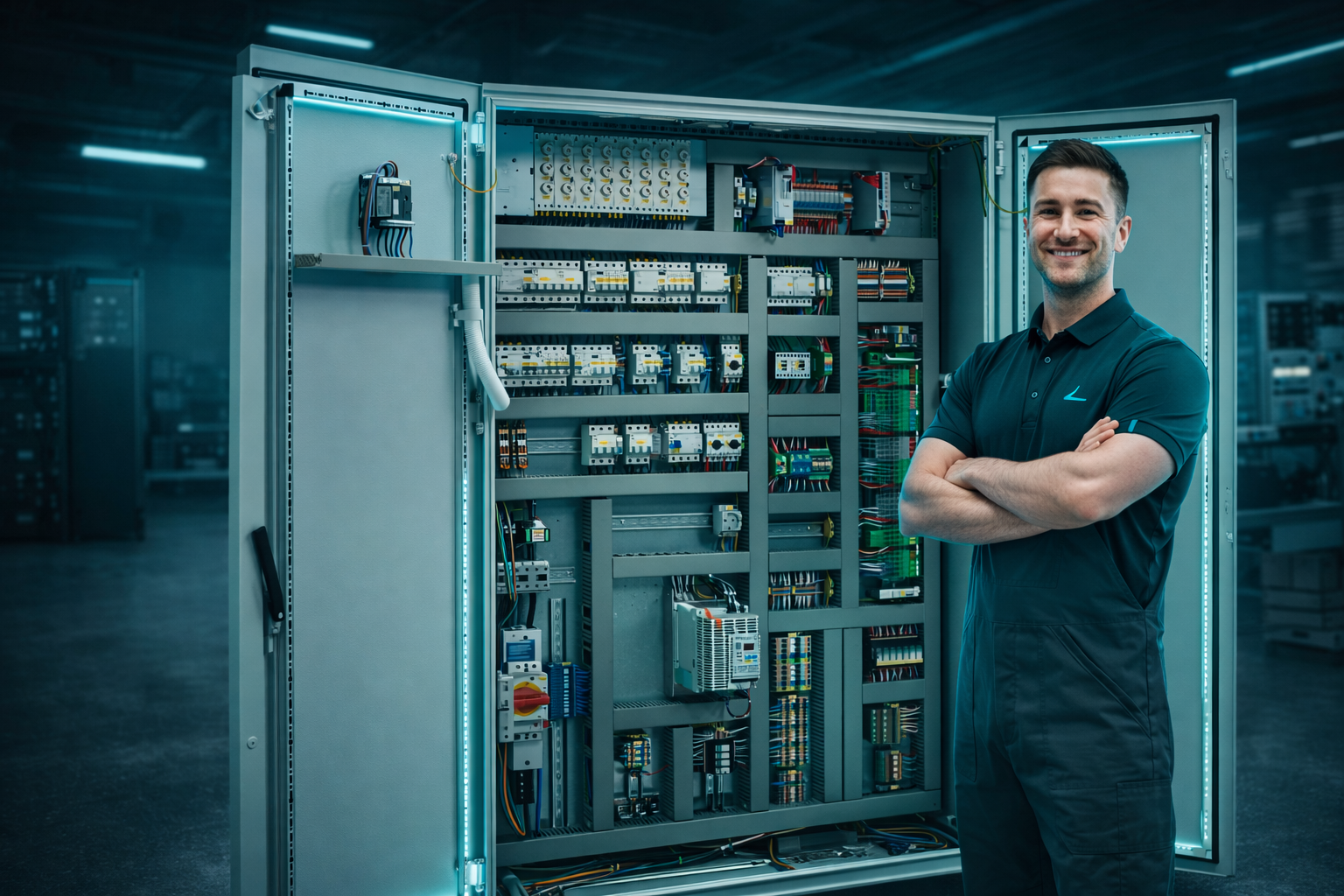 EVO Techniker vor fertigem Schaltschrank